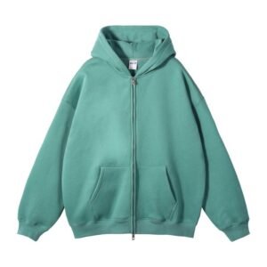 Y2K-style green zip up hoodie for men with full double zipper and vintage fleece lining.