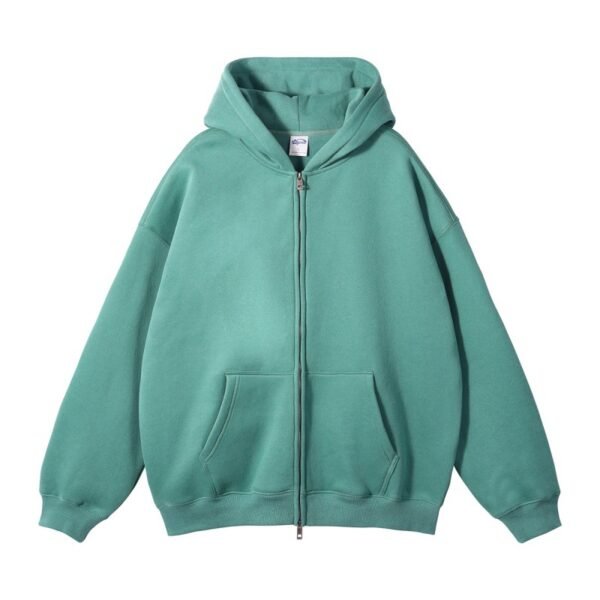 Y2K-style green zip up hoodie for men with full double zipper and vintage fleece lining.
