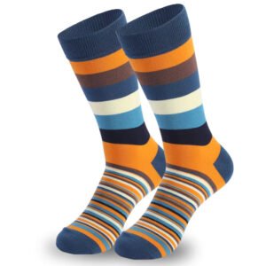 A pair of custom compression stockings with blue, orange, brown and beige thick and thin stripes, made of pure cotton, adult size, suitable for sports and daily use.