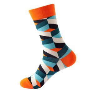 A single custom baseball sock with blue, orange, brown and beige jacquard patterns, made of pure cotton, adult size, ideal for sports and daily use.