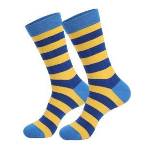 A pair of blue and yellow striped socks made of pure cotton, adult size, suitable for sports and daily wear.