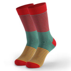A pair of college socks with red, green, yellow and grey stripes, made of pure cotton, adult size, suitable for sports and daily use.