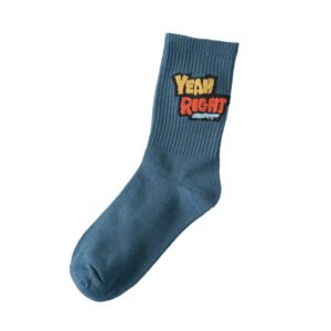 Personalized compression socks in deep blue with "Yeah Right" text design for adults.